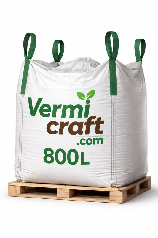 BigBag vreča na paleti z napisom Vermicraft.com 800L za vermikompost, črvji kompost in humus.